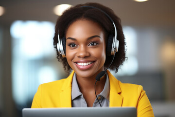 Woman is pictured wearing headset while using laptop. This image can be used to depict professional working remotely or engaging in virtual meeting.