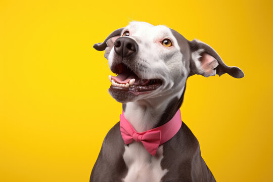 Black and white dog wearing pink bow tie. This picture can be used for various purposes, such as pet fashion, dog accessories, or animal-themed events.