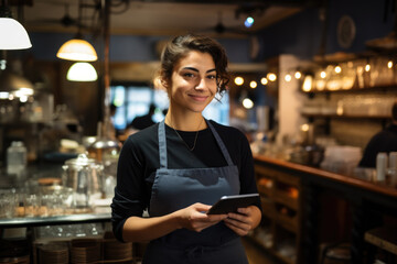 Woman standing in front of counter holding cell phone. This versatile image can be used to depict various concepts such as technology, communication, customer service, or shopping.