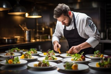 A skilled chef meticulously plating an exquisite dish in a high-end restaurant kitchen, surrounded...