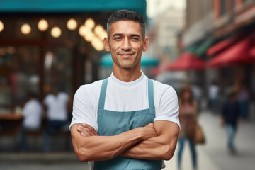 Fototapeta premium Man wearing apron stands on busy city street. This image can be used to depict urban life, street vendors, or people at work in city environment.
