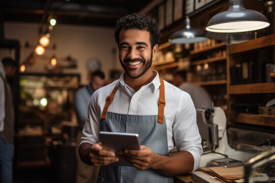 Man in apron holding tablet computer. This image can be used to illustrate technology, cooking, or online shopping.