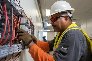 A skilled electrician carefully installing wiring and electrical components in a newly constructed building, wearing safety gear and a hard hat. - obrazy, fototapety, plakaty