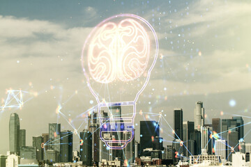 Abstract virtual light bulb illustration with human brain on Los Angeles cityscape background, future technology concept. Multiexposure