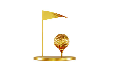 Gold golf ball and flag on golden podium 3D rendering