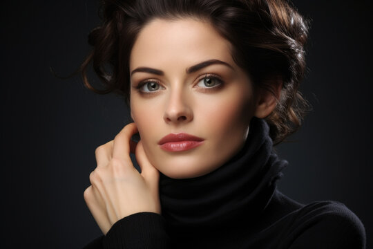 Woman wearing black turtle neck sweater poses for picture. This versatile image can be used for various purposes.