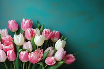 Obraz premium Beautiful bouquet of pink and white tulips displayed against vibrant blue wall. Perfect for adding touch of color and elegance to any space.