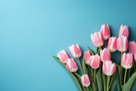 Beautiful bouquet of pink tulips stands out against vibrant blue background. This image is perfect for adding pop of color and elegance to any project or design.