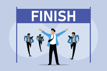 Businessman finish line celebrating success cheers of friends behind 2D flat vector concept for banner, website, illustration, landing page, flyer, etc