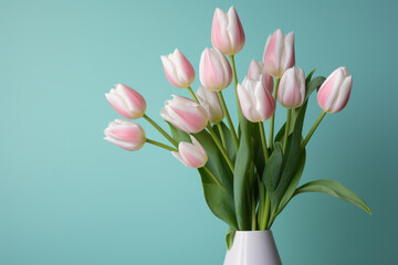 Beautiful arrangement of pink tulips in white vase. Perfect for adding touch of color and elegance to any space.