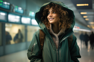 Woman in green jacket standing at airport. This image can be used to depict travel, waiting, or transportation.