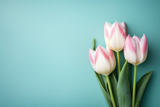 Three pink and white tulips stand out against vibrant blue background. This image is perfect for springtime themes or floral designs.
