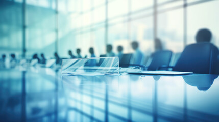 Blurred view of a business meeting in a modern office.