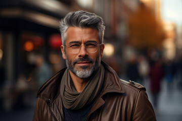 Man wearing glasses and scarf is seen walking on city street. This image can be used to depict urban fashion or stylish winter look.