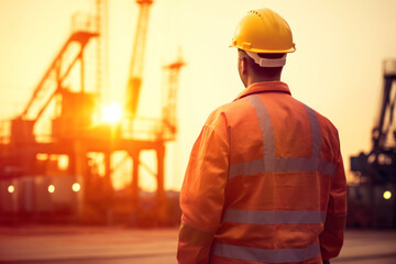 Construction worker with helmet at industrial site during sunset.