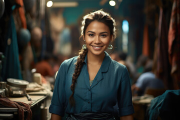Fototapeta premium Woman wearing blue shirt smiles for camera. This picture can be used to represent happiness, positivity, and confidence.