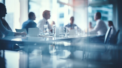 Blurred businesspeople in a meeting in a modern office  - obrazy, fototapety, plakaty