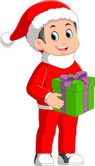 Cartoon little boy in red clothes holding a gift