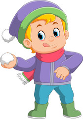 Cartoon little boy in winter clothes throwing snowballs