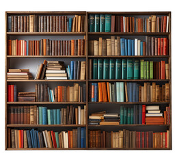 wooden bookshelf full of books, front view