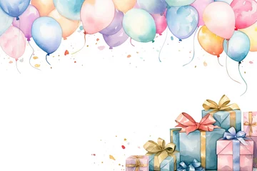 Foto op Aluminium Watercolor painted birthday banner consisting of gifts Celebratory decorations and balloons, soft pastel shades against a white background. There is space for entering text by Generative AI © chartchai