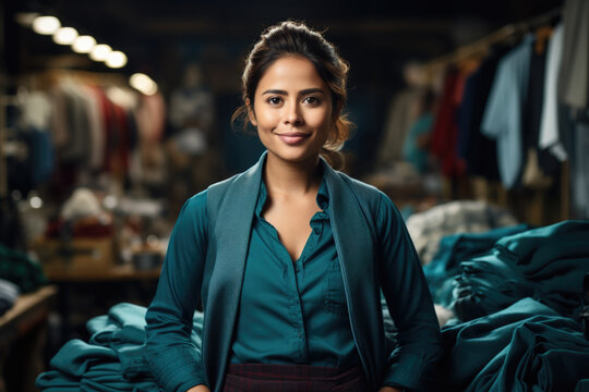 Woman standing in front of pile of clothes. This image can be used to represent laundry, organization, or fashion-related concepts.