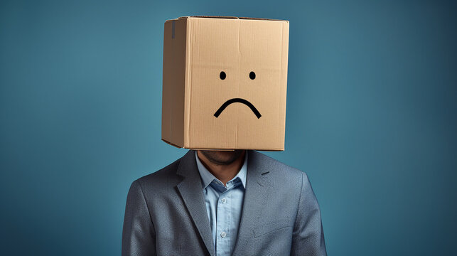 Businessman with a cardboard box on his head, a sad face. Blue Monday Concept