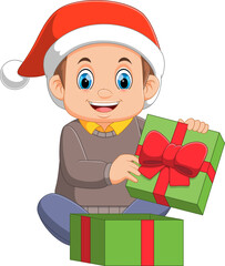 Cartoon little boy opening present box
