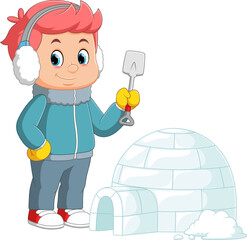 Young man Building Igloo Making House of Ice Blocks