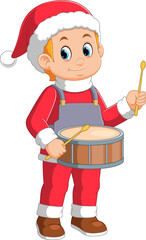 Cartoon little boy in red santa clothes playing drums