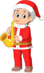 Cartoon little boy in red santa clothes playing golden trumpet