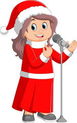 Cartoon little girl singing in christmas costume