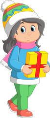 Cartoon young girl in red santa clothes holding gift boxes