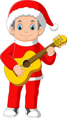 Cartoon little boy in red santa clothes playing guitar