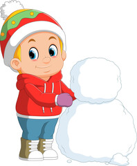 Cartoon little boy building a snowman