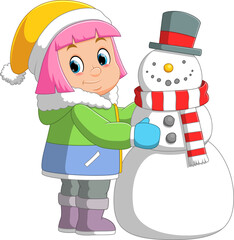 Cartoon little girl building a snowman