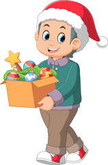 happy boy wear santa hat and carrying box of toys