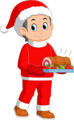 Young boy wearing santa costume showing roast beef on dish
