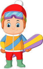 A young boy character holding a snowboard