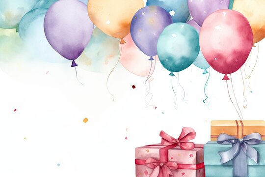 Watercolor painted birthday banner consisting of gifts Celebratory decorations and balloons, soft pastel shades against a white background. There is space for entering text by Generative AI