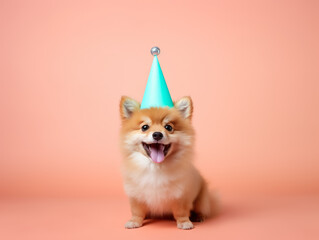Obraz premium Cute funny dog in birthday cap isolated on colorful background. Greetings card pattern