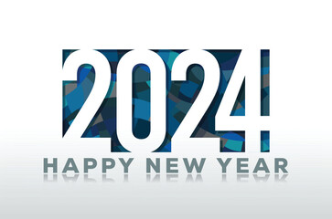 happy new year 2024 Vector graphic typo design  white paper cut through blue colored background