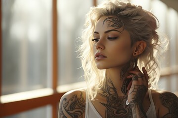Close-up portrait of beautiful young long-haired girl with tattoos wearing a fantasy costume. Character of Scandinavian cult and mystic pagan rituals, charming witch in a mysterious place. Halloween. - obrazy, fototapety, plakaty