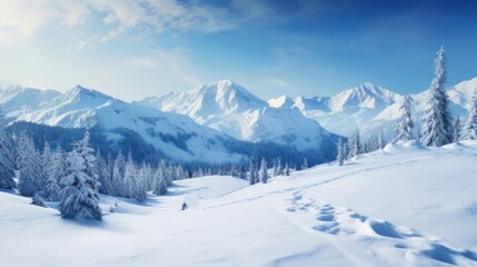 Picturesque, beautiful winter landscape of mountains and forest, snow-covered valley against the background of blue sky and clouds.