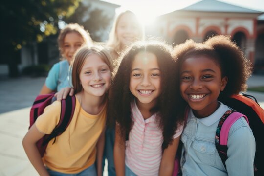 Group of cheerful schoolchildren hugging and looking at camera. Happy smiling multiethnic kids posing for group portrait. Children of different skin colors go to school together. Diversity concept.