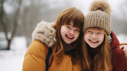 Fototapeta premium Portrait of Young, beautiful, smiling and happy girls friends with Down syndrome in jackets against the backdrop of a winter, snowy landscape.