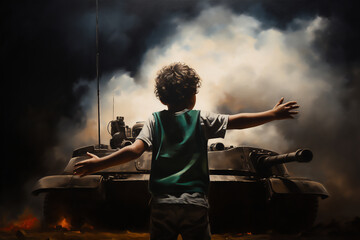 a brave boy stood up and stopped a tank, smoke everywhere - obrazy, fototapety, plakaty