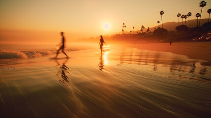 Beautiful sunset on the beach with a wave splashing into the water.