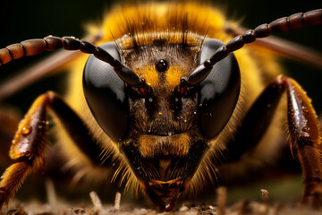 A close-up image of a bee with the head of the bee clearly visible. - obrazy, fototapety, plakaty