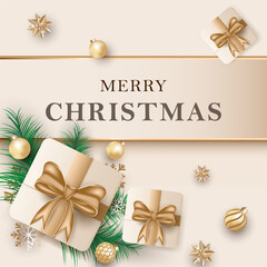 Fototapeta na wymiar Merry Christmas celebration greeting card in luxury light brown gold color